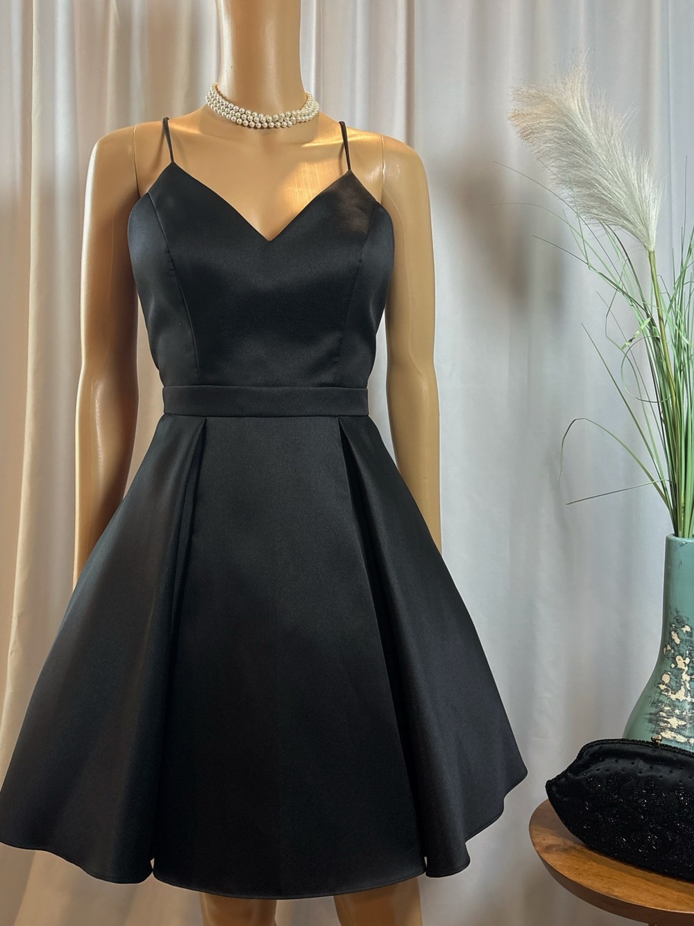Black Satin Fit & Flare Party Dress by Aqua— Open Back — Size 4
